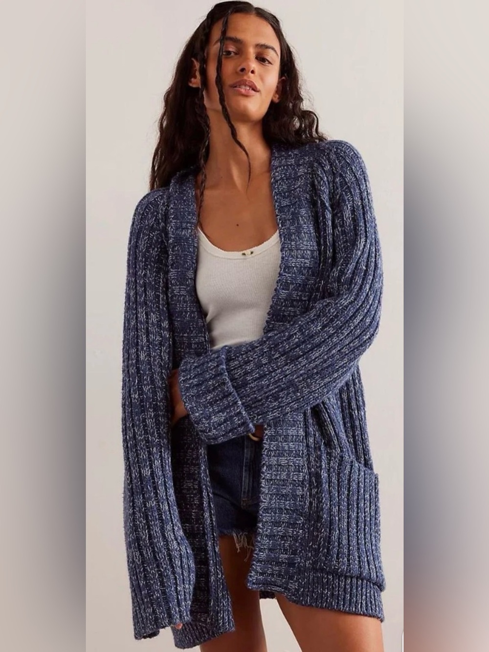 Free People Blossom Marled Navy Open-Front Knit Ribbed Oversized Cardigan Large